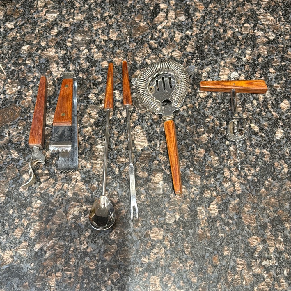 MCM wood handled barware set